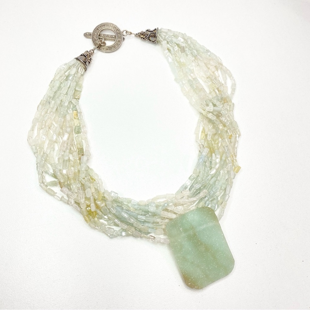 Vintage Pale Green Multi-Strand Beaded Necklace with Rectangular Pendant - Picture 7 of 15